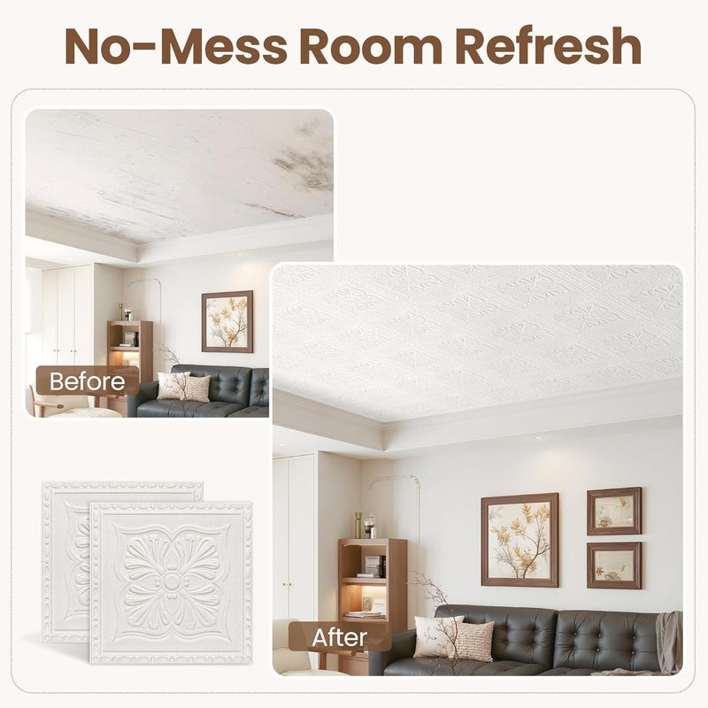 Dureidos Ceiling Tiles Peel and Stick, 32 Pcs Ceiling Tiles Foam, Covered 42 Sq.Ft, Easy to Install and Cut for Ceil and Interior Wall Decor, Plain White（13.8 x 13.8 inch） - Image 4